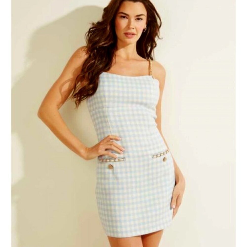 Guess Caroline Tweed Check Dress Blue White Size 10